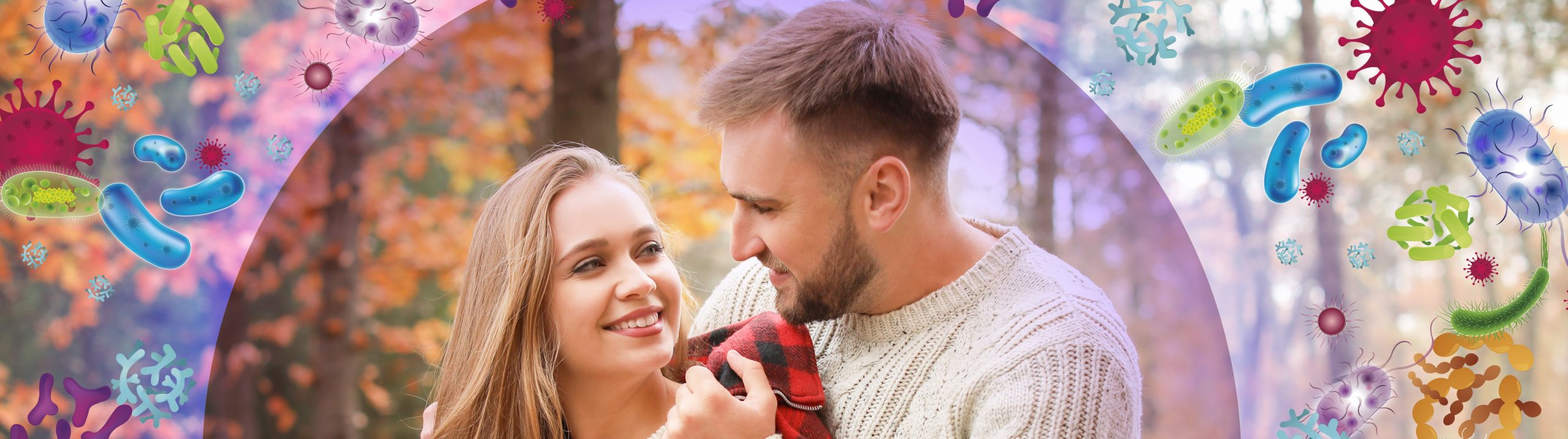 Loving young couple in autumn park. Concept of strong immunity